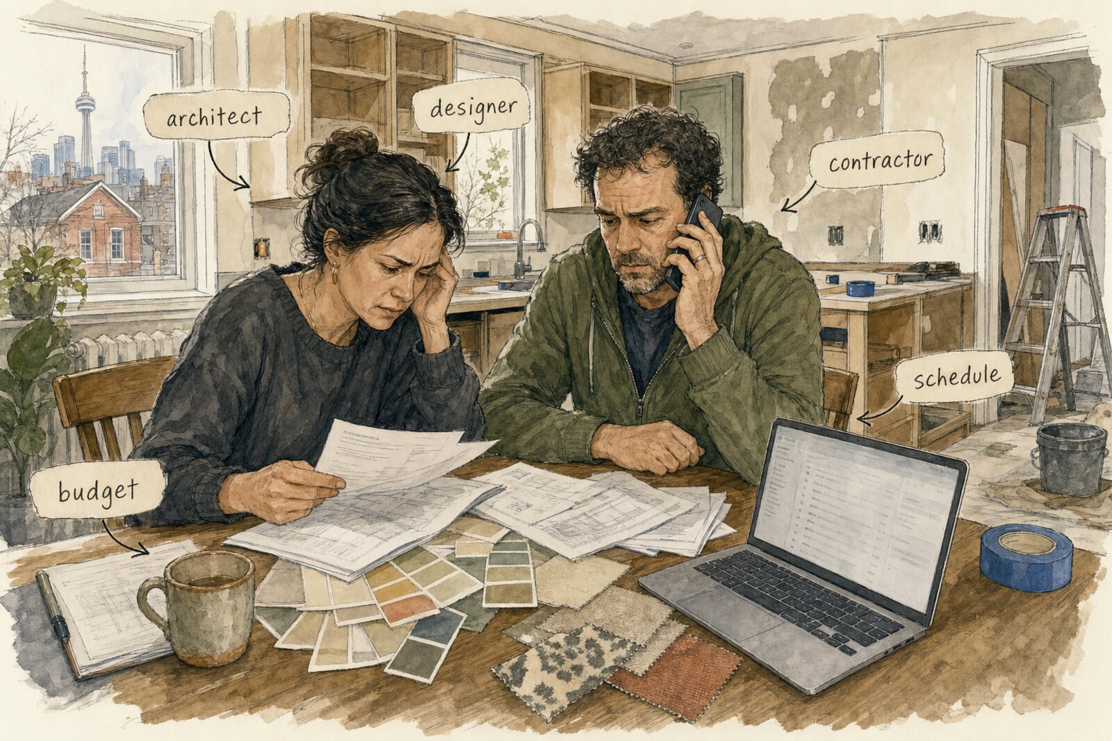First version of the ink and watercolour scene.