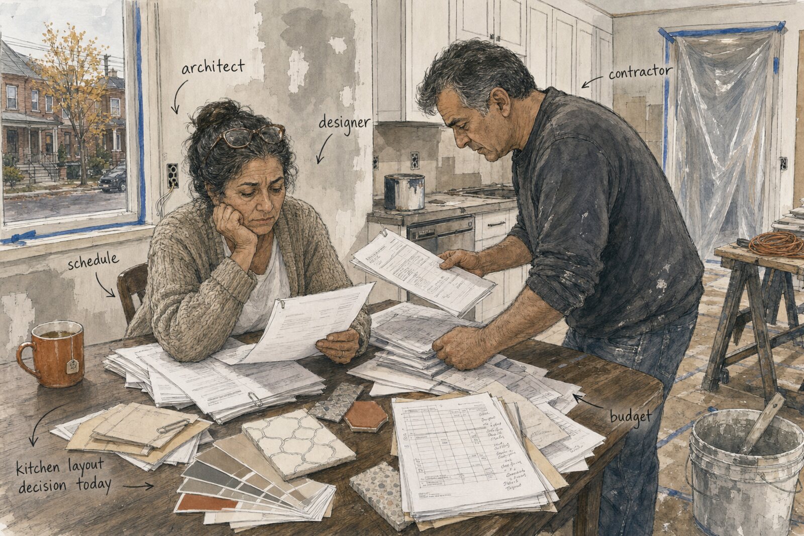 Second version of the ink and watercolour scene, focused on a single homeowner.