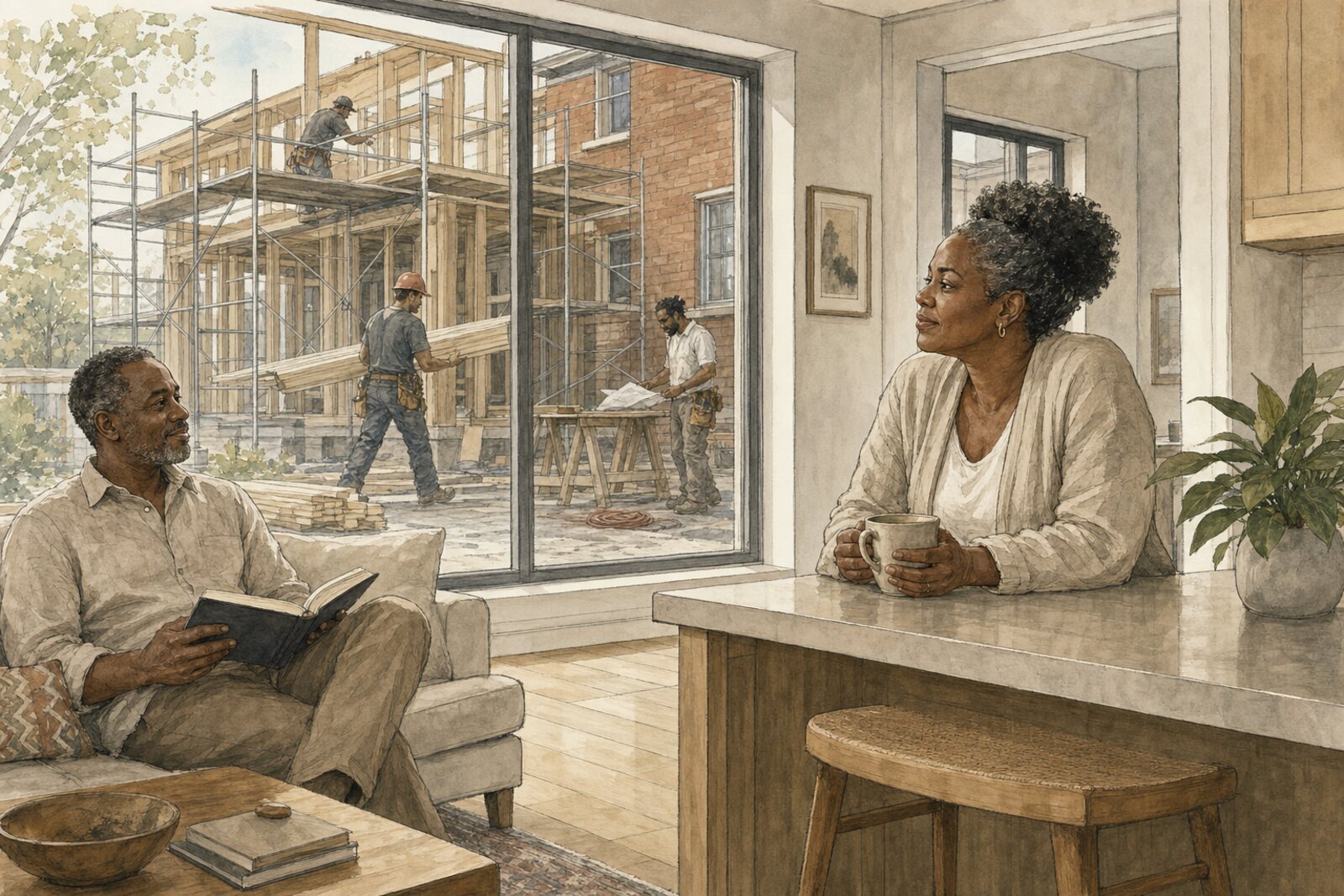 A Black homeowner couple relaxed in their finished kitchen and living space while their new wing is built beyond the window, drawn in ink and watercolour.