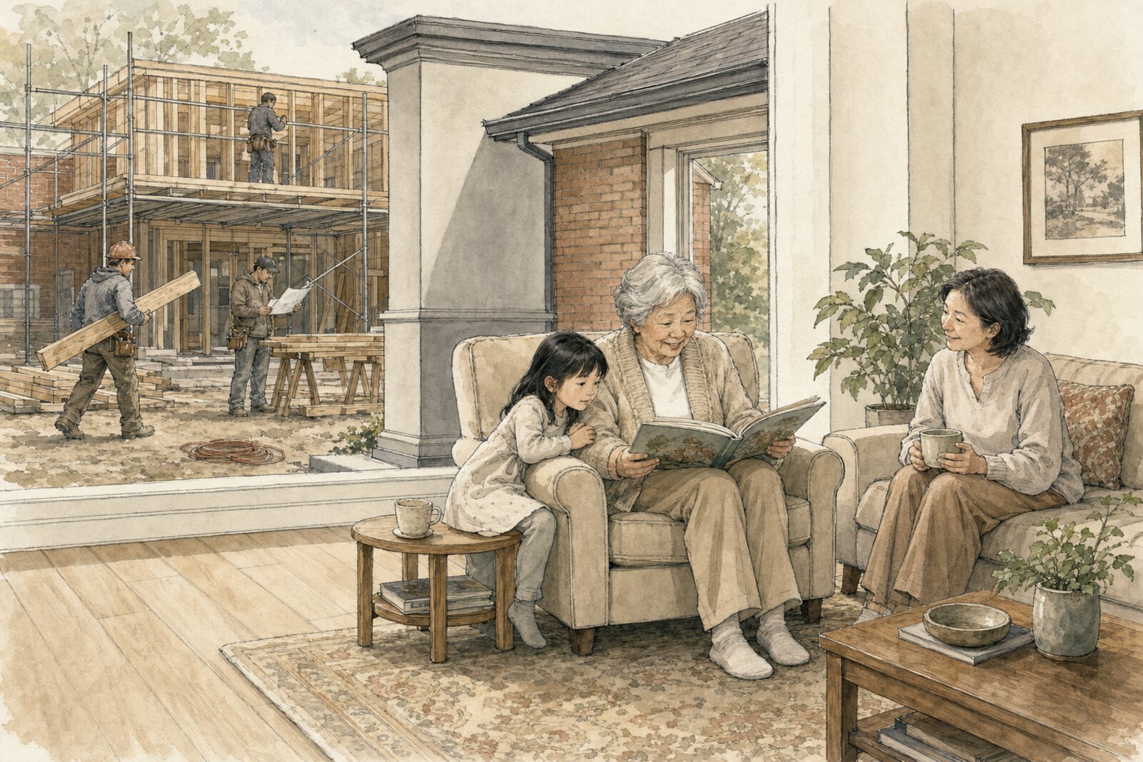 An East Asian family across three generations relaxed in their finished family room, a grandparent reading to a child while the dream home is built behind a finished wall, drawn in ink and watercolour.