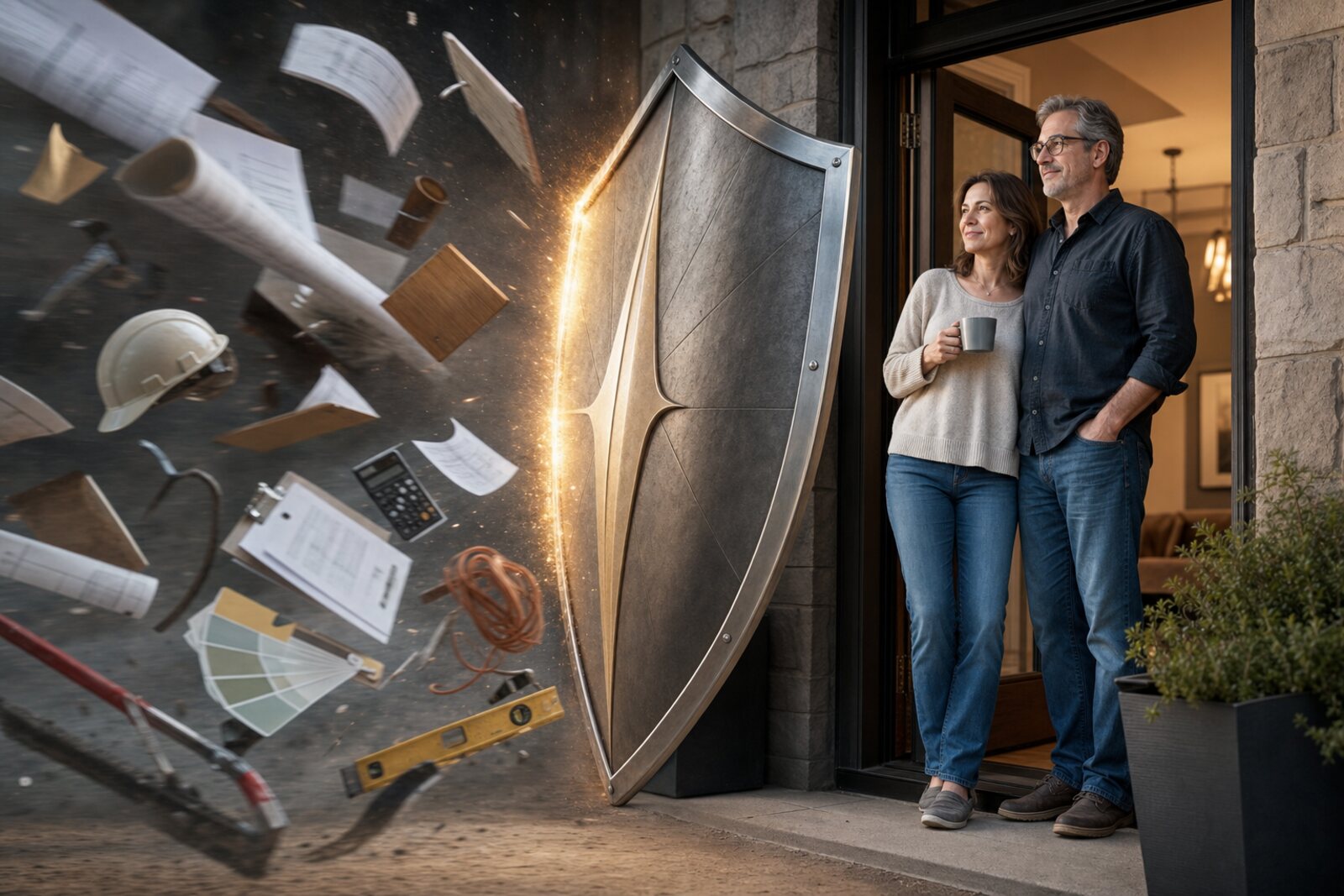 A literal protective shield standing between a calm, real homeowner couple and a gust of renovation burdens that bounce off its face and scatter away, rendered photo-realistically.