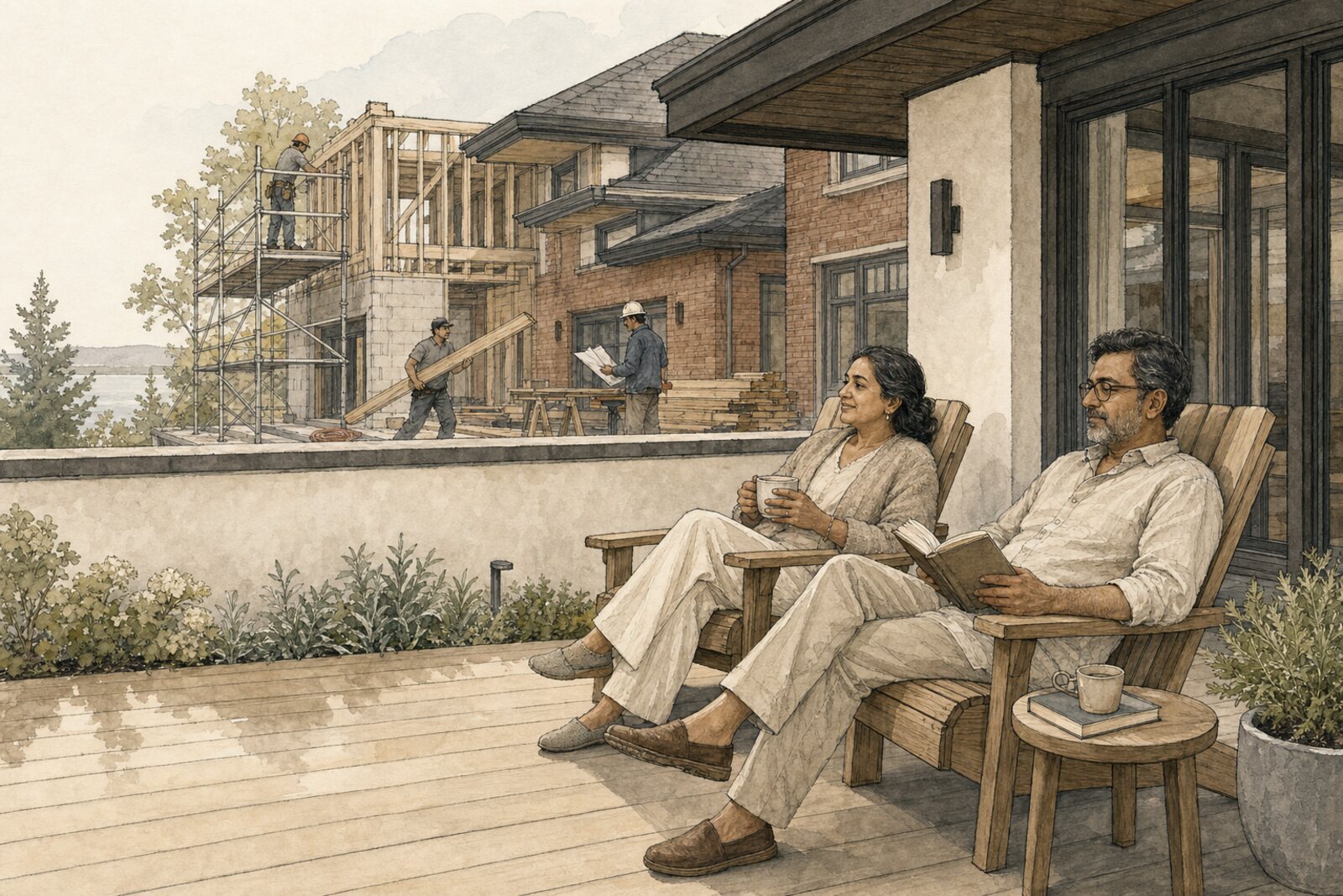 The shield concept: the homeowner at ease while Waterfront stands between her and the chaos of the build, drawn in ink and watercolour.