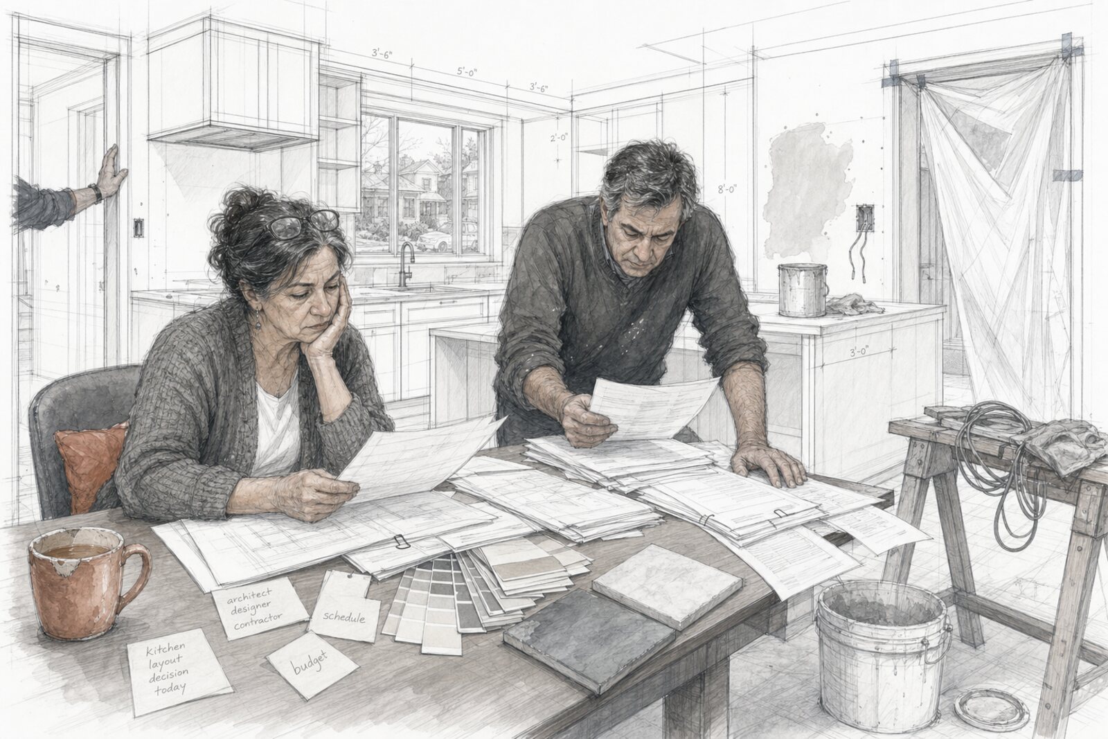 Pencil and architectural sketch treatment of the same scene, graphite line work with light tone.